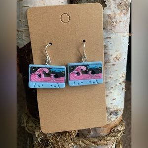 Cassette tape earrings handmade. Wave design.